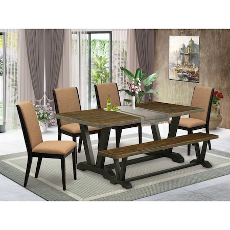 East West Furniture 6 Piece V-Style Stylish Dining Room Table Set - Wire Brushed Black V677LA147-6